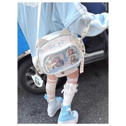 Cute Cat Ita Bag Pin Display Backpack for School Preppy Backpack for Girls Y2k Aesthetic Single Shoulder Crossbody (White Bag)