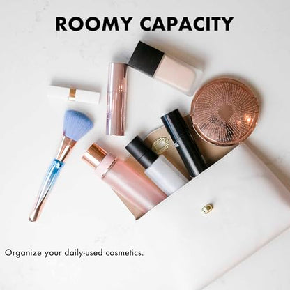 Cosmetic Bag Travel Makeup Pouch Travel Organizer, Zipper Pouch Bags for Women Vegan Leather (No Text, Off White) - color: Off White