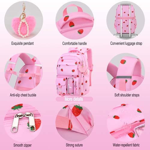 Girls Backpack Set with Lunch Box & Pencil Case, Floral Print Girls School Backpack for Elementary/Middle/High School (Beige-Strawberry) - color: Beige-strawberry