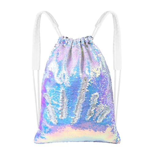 MHJY Sparkly Drawstring Backpack Mermaid Sequin Dance Bag Sports Gym Beach Swim Backpack Birthday Easter Gift Bag | Dance Bag - color: Mermaid Purple/Silver