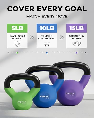 Mikolo Neoprene Coated Cast Iron Kettlebells 5-30LB Set, Solid Weight Set with Wide Grip Handle and Flat Bottom, Ideal for Full Body Strength Training at Home Gym - size: 5-10-15LB