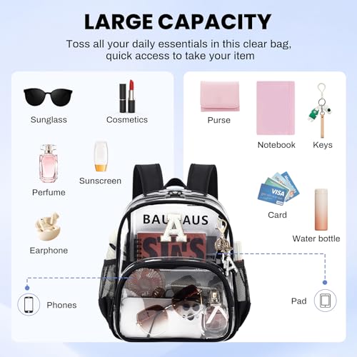 PIG PIG GIRL Clear Backpacks for Stadium Events Approved 12×6×12 Clear Bookbag for Women Mini Transparent Letter Back Pack, Black, Letter-A - color: Black, style: A