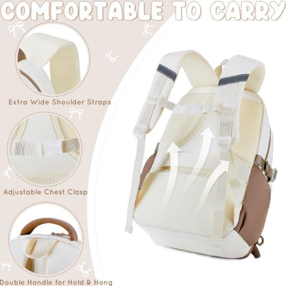 Kids Backpack for Girls, 3PCS School Backpack Set with Insulated Lunch Box & Pencil Case, Waterproof Lightweight Bookbag for Elementary & Middle School, Cute Bow Travel Daypack Brown-Beige - color: Brown-beige
