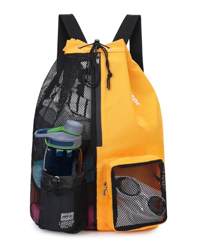 WANDF Swim Bag Mesh Drawstring Backpack with Wet Pocket for Swimming, Gym, and Workout Gear - color: Orange, size: Large