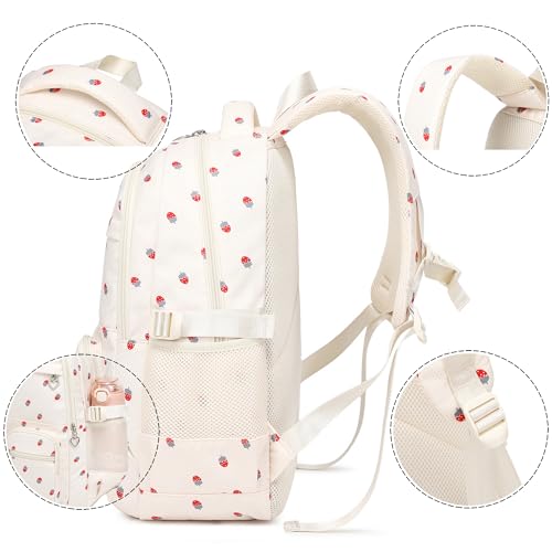 Girls Backpack Lightweight Bookbags for High School Laptop Backpack For College Women Big Student Daypack Casual (Strawberry-Beige) - color: Strawberry-beige