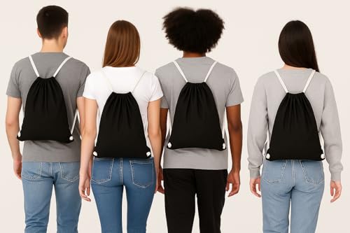 Black Cotton Drawstring Bag – 100% Cotton Reusable Sackpack, Lightweight Drawstring Backpack for Gym, Travel, School, Shopping & Daily Use, Eco-Friendly Tote Bag