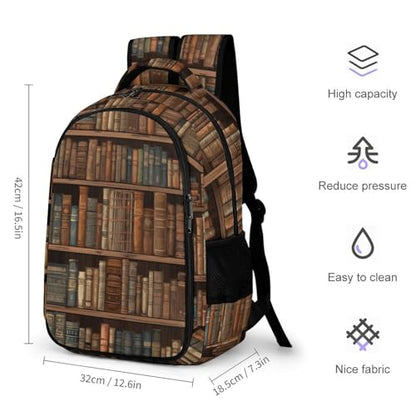 Library Bookshelf Book Backpack with Multiple Pockets, Large Capacity Laptop Backpack Unisex Durable Daypack for Travel, Work