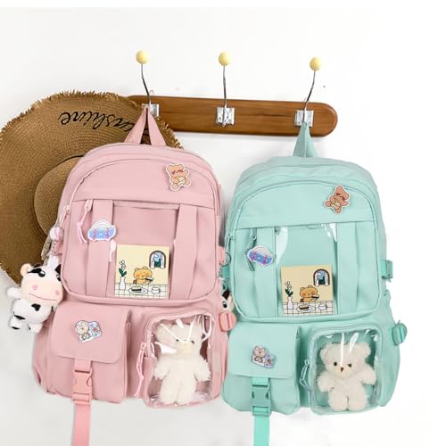 Kawaii Backpack with Cute Bear Plush Kawaii Pin Accessories Large Capacity Aesthetic School Bags Cute Bookbag for Girls Teen (Simple, Green) - color: Green