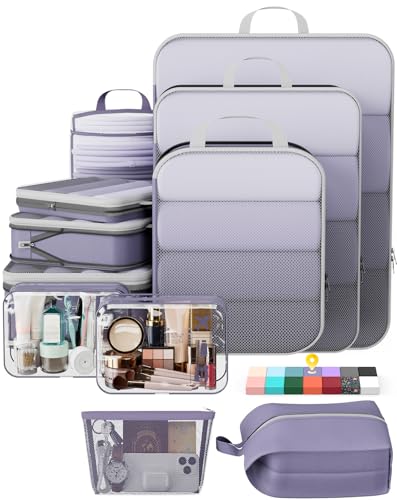 Veken 11-Pack Compression Packing Cubes for Travel Essentials,Compressible Expandable Large Luggage Suitcase Organizer Bags for Clothing,Durable Space Saver Bags with Toiletry Bags(Purple Gray) - color: Purple Gray, size: 11 set