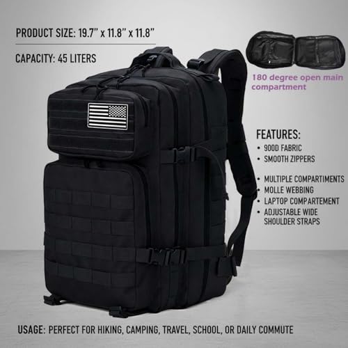 45L Military Tactical Backpack for Men & Women Bug Out Bag Assault pack Molle Daypack Hiking Trekking Rucksack(Black) - color: Black