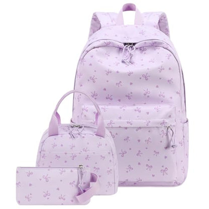CAMTOP Girls Backpack with Lunch Box Set, Cute Bow School Backpack for Kids, 3-in-1 Lightweight Lunch Bag and Pencil Pouch - color: Purple Heart Bow