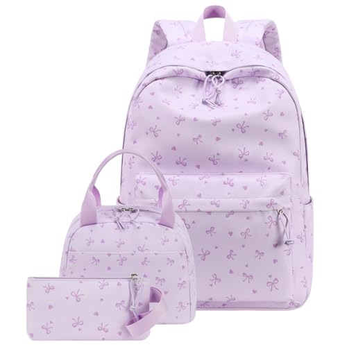 CAMTOP Girls Backpack with Lunch Box Set, Cute Bow School Backpack for Kids, 3-in-1 Lightweight Lunch Bag and Pencil Pouch - color: Purple Heart Bow