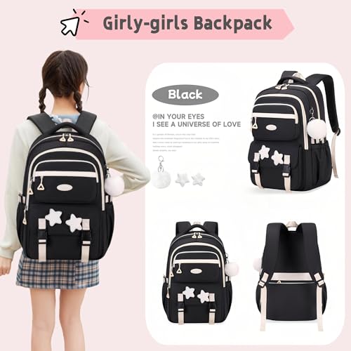 3Pcs Black Backpack for Girls, Teen Girls Backpack Set with Tote Bag for Elementary Middle School Kids, with Star Pins and Furry Pendant, A08-3Pcs Black - color: A08-3pcs Black