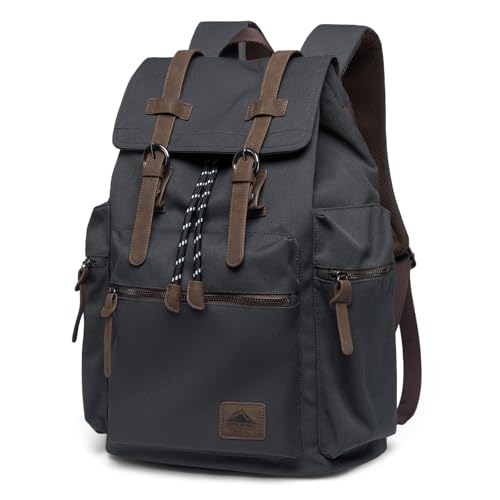 MOYYI Canvas Backpack for Men Fits 13”-17.3” Laptop, Durable Vintage backpack Leather Trim for Daily, College, Commute, Travel - color: 28l Capacity-dark Grey