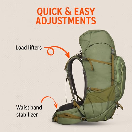 Kelty Asher Backpack, Daypack to Multi-Day Backpacking Capacity, Hiking, Lightweight Travel Pack, Internal Frame (65L Winter Moss) - color: Winter Moss/Dill, size: 65L
