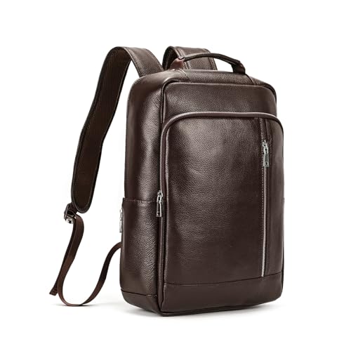 Genuine Leather 15.6 Inch Laptop Backpack for Men, Multi Pocket Slim Daypack Shoulder Bag with Trolley Sleeve for Business Travel (Brown) - color: Y80&28y Coffee