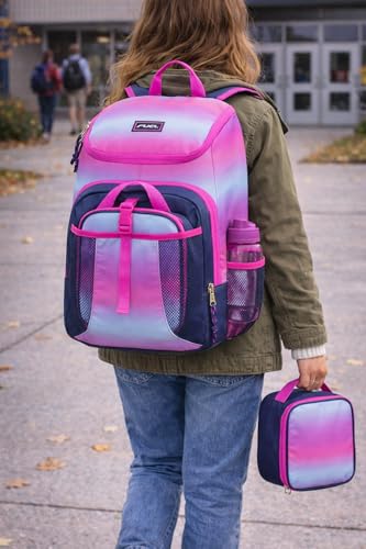 FUEL Lunch Backpack Set Top Loader Teens Student Water Resistant Bookbag Bag Soft Reusable Insulated Cooler Lunch Box Thermal Travel Office Lunch Bag, Pink Ombre Gradient - color: Pink Ombre Gradient