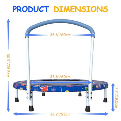 Mersco 36" Mini Toddler Trampoline with Handles, Indoor Quiet Kids Trampoline with Super Safety Mat and Durable Steel Frame, Indoor/Outdoor - color: Deep Blue Print