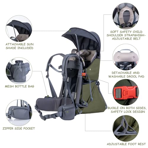 WIPHA Baby Backpack Carrier, Comfort Toddler Carrier Hiking Backpack with Canopy, Adjustable Lightweight Child Carrier - color: creeper III green