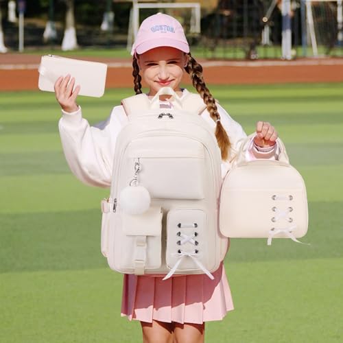 Scothen Backpacks for Girls, Girls Backpack with Lunch Box & Pencil Pouch for Teens Girl Kids Elementary Middle High School College Student Bookbag Daypack Laptop Travel Backpack for Women - color: Beige