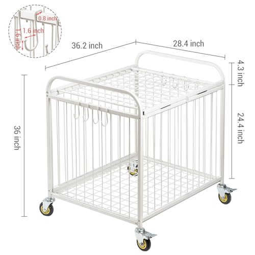 MyGift Large Capacity Metal Rolling Multi Sports Ball Cage Storage Hopper, Gym Equipment Basket Cart with Lockable Latch, Heavy Duty Caster Wheels, and 8 Accessory Hooks - color: White
