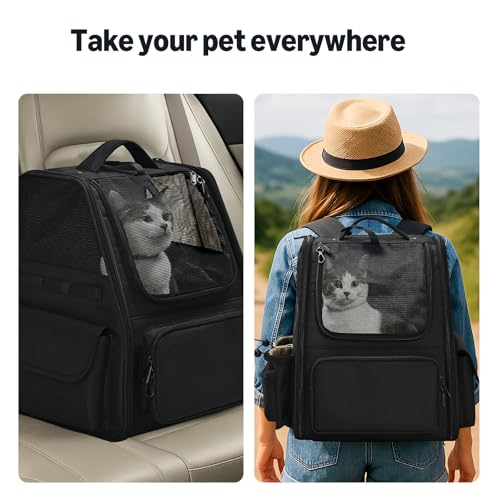 Amazon Basics Pet Backpack for Cats & Small Dogs, Collapsible Travel Carrier with Ventilated Mesh, Removable Pad, and Safety Leash, Black