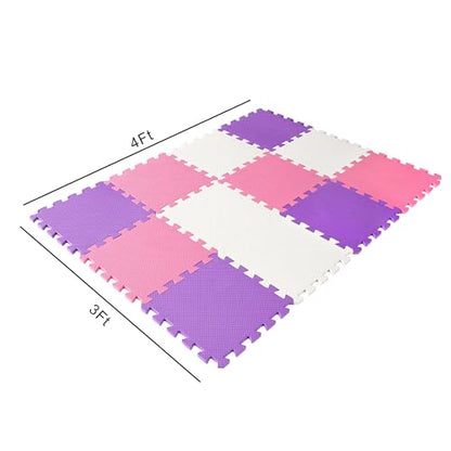Easy Playhouse: 12 Soft Foam Floor Puzzle Tiles - Pink-Purple-White - 12" Interlocking Mat Pieces (4'x3'), Nursery, Playroom, Gym, Children & Adults