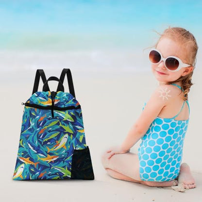 Blue Shark Drawstring Backpack, 15” x 17” Waterproof Swim Bag for Beach Swimming Pool, Lightweight Foldable Gym Bag with Water Bottle Holder for Sports Travel - color: Blue Shark