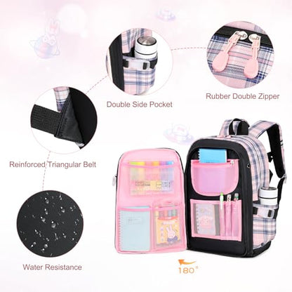FIXITOK Girls Backpack Set, 3PCS Kids Backpacks for Girl, Kawaii Bunny School Backpack for Girls Kindergarten Elementary Preschool Middle School Bags with Lunch Box Pencil Case Blackpink-Plaid - color: Blackpink-plaid