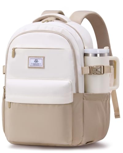 LOVEVOOK Laptop Backpack for Women Teens, 15.6" Computer Bag with 40oz Tumbler Buckle, College School Backpack,14 Pockets - color: Khaki/Cream, size: 15.6inch