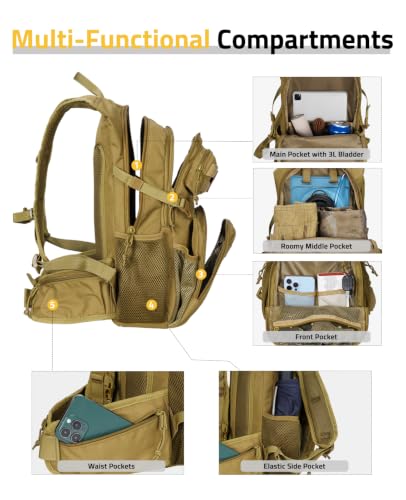 CVLIFE Tactical Hydration Hiking Water Backpack with 3L Water Bladder - color: Khaki