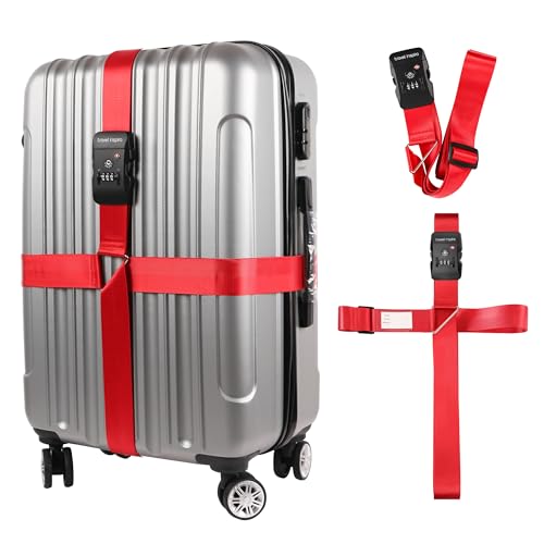 Travel Inspira Luggage Straps for Suitcases with TSA Lock, Protect Your Luggage Anti-Burst, High Visibility Color, Easy to Identify Luggage Adjustable Heavy Duty Belt for 20-28 Inch Suitcases - color: Cross Red
