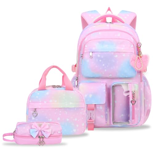 Girls Backpack Set with Lunch Box & Pencil Case, Floral Print Girls School Backpack for Elementary/Middle/High School (Rainbow) - color: Rainbow