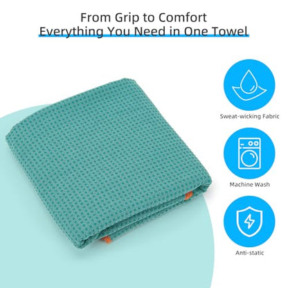 YESLIFE Non-Slip Extra Thick Hot Yoga Towel with One Sweat Towel, Microfiber Sweat Absorbent Yoga Mat Towel with Grip Dot, Pilates Mat, 72" x 24", Cyan - color: Cyan