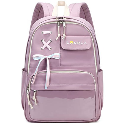 Lanola Teen Girl School Backpack Casual Daypack Bookbag Elementary College Travel Backpack with Cute Ribbon for Girls - color: Purple