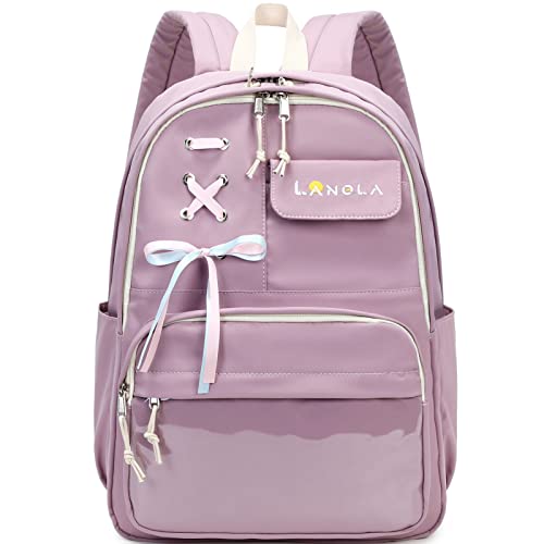 Lanola Teen Girl School Backpack Casual Daypack Bookbag Elementary College Travel Backpack with Cute Ribbon for Girls - color: Purple