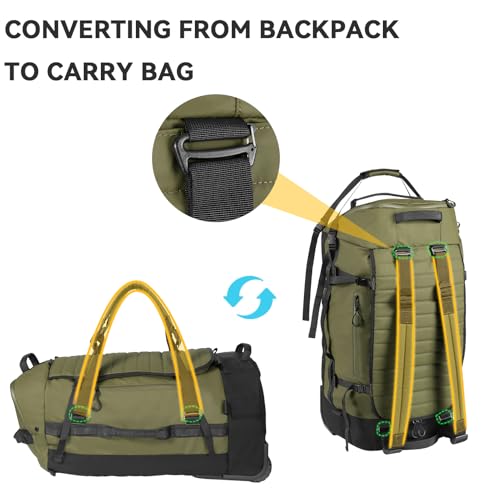 85L 29“ Foldable Rolling Backpack with Wheels, Soft-side Travel Duffle Bag with Separate Shoe Compartment, Full Quilted Bottom,Army Green - color: Army Green