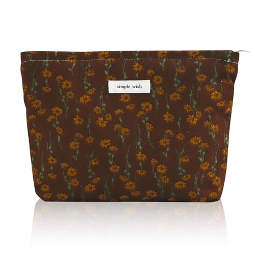 Wudygirl Cute Makeup Bag for Women - Travel Cosmetic Bag with Zipper Makeup Pouch Floral Make up Organizer Handbag Aesthetic (Brown Floral) - color: Brown Floral