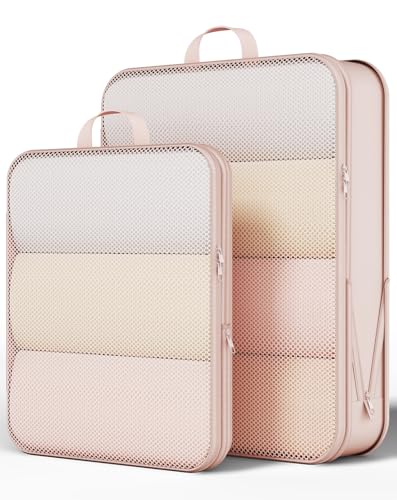 Veken 2/6/9/11 Set Compression Packing Cubes for Travel Essentials,Compressible Expandable Luggage Suitcase Organizer Bags for Clothing,Space Saver Storage Bags with Over 1000 pcs of Mesh Holes(Beige) - color: Beige, size: 2 set