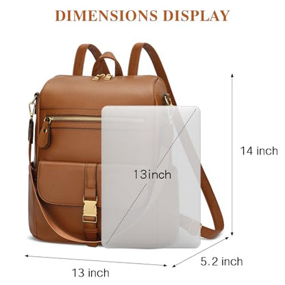 KKXIU Backpack Purse for Women - Multi-pocket Leather backpack for Travel, Work & School with Anti-Theft Lock Pocket, Luggage Strap & Water Bottle Pockets - 13x14x5.2 Inch, 1.67lb (Brown) - color: Brown