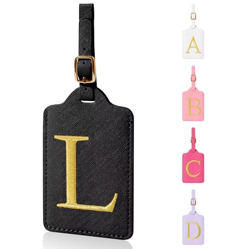 Personalized Initial Luggage Tags for Suitcases,Leather Letter Cute Luggage Tags with Privacy Name Card,Embroidered Monogrammed Travel Bag Backpack Tag Gifts for Women Kids Girls Teens(Black-L) - color: Black, size: L