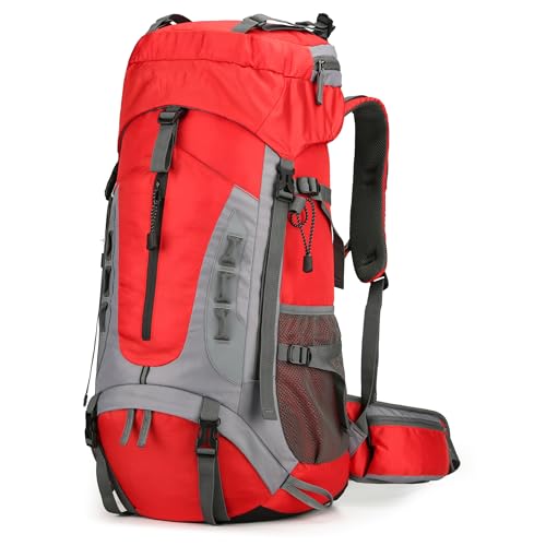 75L Hiking Backpack with Rain Cover Waterproof Camping Backpack Shoes Warehouse for Men Women, Frameless - color: Red, size: 60L