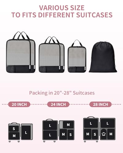 Narwey 6 Set Compression Packing Cubes for Travel, Lightweight Expandable Luggage Organizer Bags, Durable Space Saver Bags (Black) - color: Black