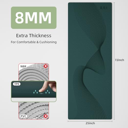 ILILI Yoga Mat, TPE Exercise Mat, Tear-Resistant, Fitness Yoga Mat with Carrying Strap, 72''x25''×0.3''(8mm), Ideal for Yoga, Pilates, Home Workouts, Stretching & All Fitness Routines - color: Dark Green