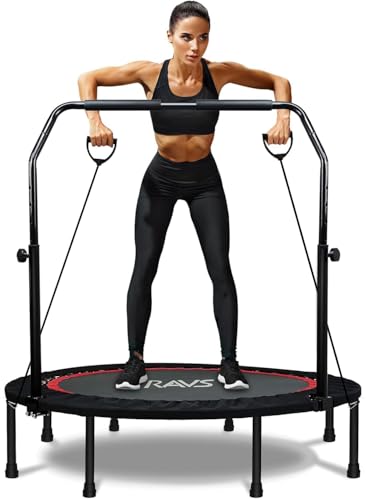 RAVS Mini Trampoline for Kids Adults 40"/48" Foldable Fitness Rebounder Kids Trampoline with 5 Levels Height Adjustable Handle Resistance Bands Indoor Workout - size: 48-inch