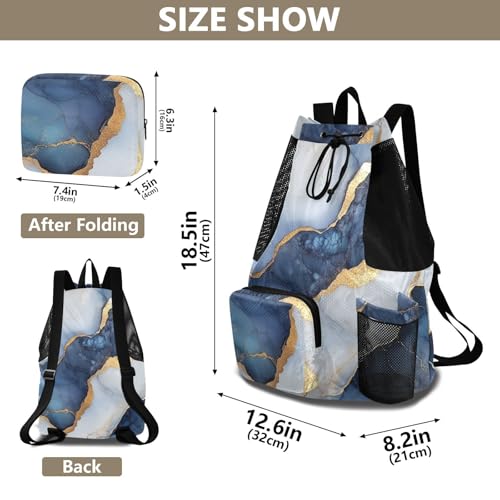 Hiking Drawstring Backpack Gym Swim Bag With Water Bottle Pocket Cinch Back Sack Dry Wet Separation Marble White Navy Blue - color: Color 13