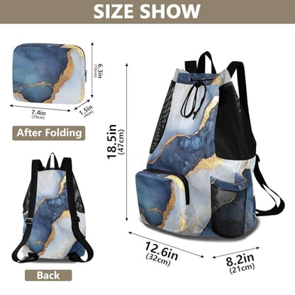 Hiking Drawstring Backpack Gym Swim Bag With Water Bottle Pocket Cinch Back Sack Dry Wet Separation Marble White Navy Blue - color: Color 13