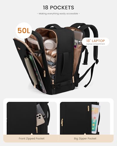 LOVEVOOK Travel Backpack For Women & Men with Waist Strap,50L Waterproof Carry On Backpack Luggage Travel Essentials Flight Approved,TSA Personal ltem Travel Bag Weekender Daypack with 3 Packing Cubes - color: Black With Waist Strap, size: 18 Inch