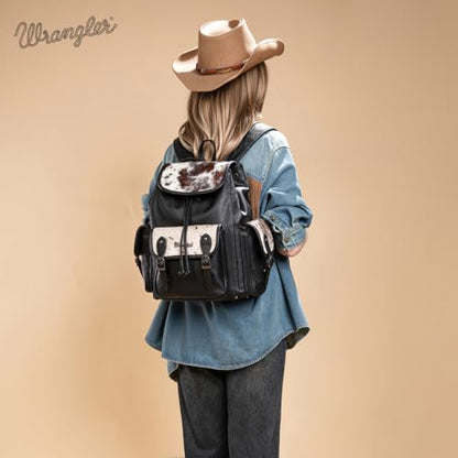 Montana West Wrangler Backpack Purse for Women Hair-on Cowhide Backpacks Western Travel Bags - color: Cowhide Black