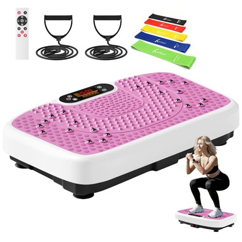 SoftGym Waver Vibration Plate Exercise Machine for Lymphatic Drainage Weight Loss,120 Speed Levels Vibrating Platform with Resistance Bands,Full-Body Workout Equipment for Muscle Activation - style: Slim- Pink